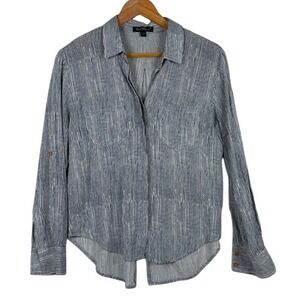 Velvet Heart Button Shirt Womens Small Blue White Striped Split Back Roll Tab